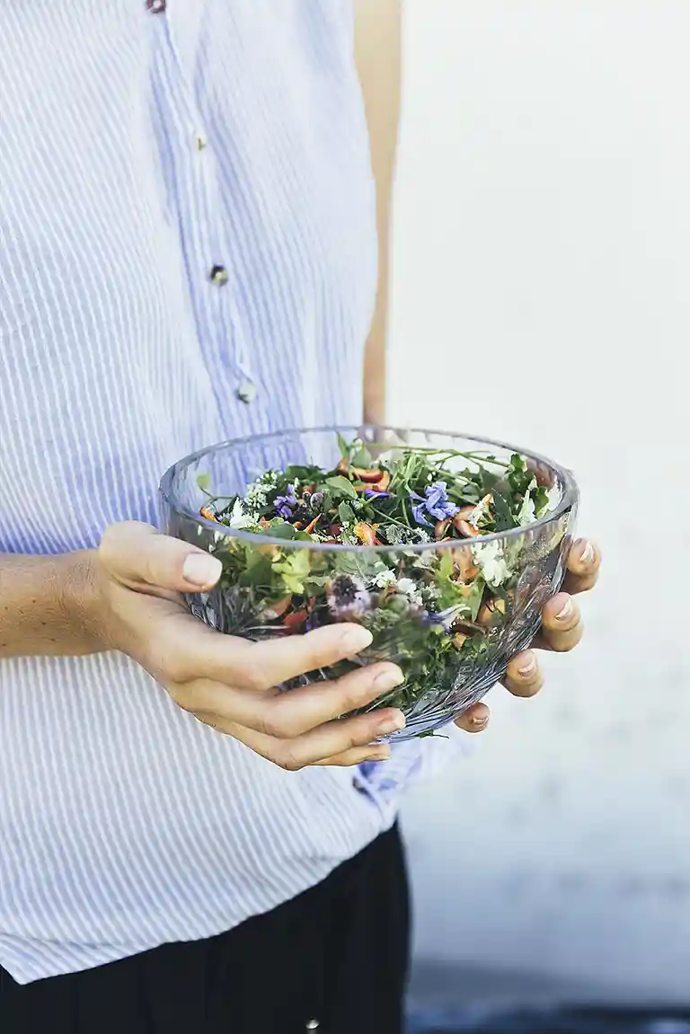 Fuglegræs, spiselige blomster og hyben med vinaigrette