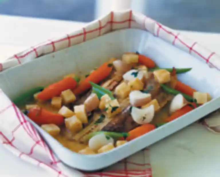 Skrubbe braiseret  med rodfrugter