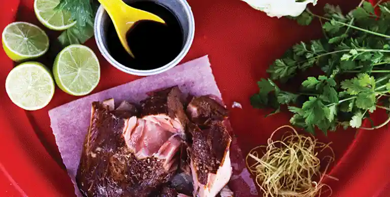 Spidskål med varmrøget laks, koriander og soja